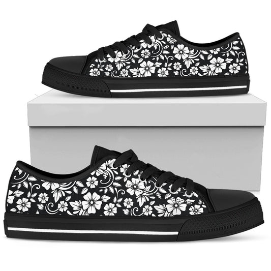 Floral Black White Themed Print Women Low Top Shoes