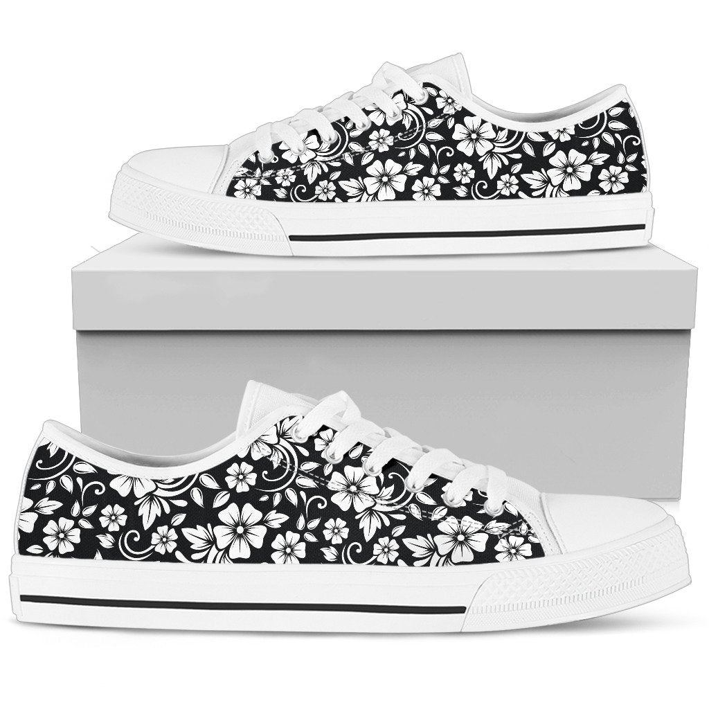 Floral Black White Themed Print Women Low Top Shoes