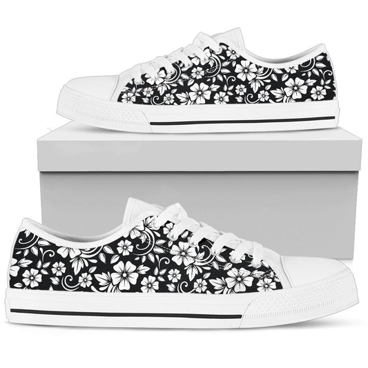 Floral Black White Themed Print Women Low Top Shoes