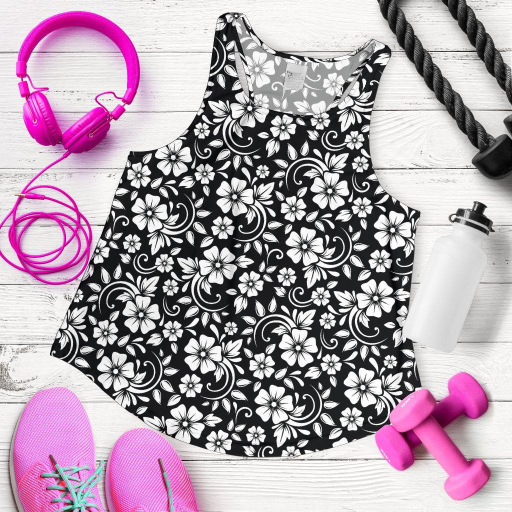Floral Black White Themed Print Women Racerback Tank Top