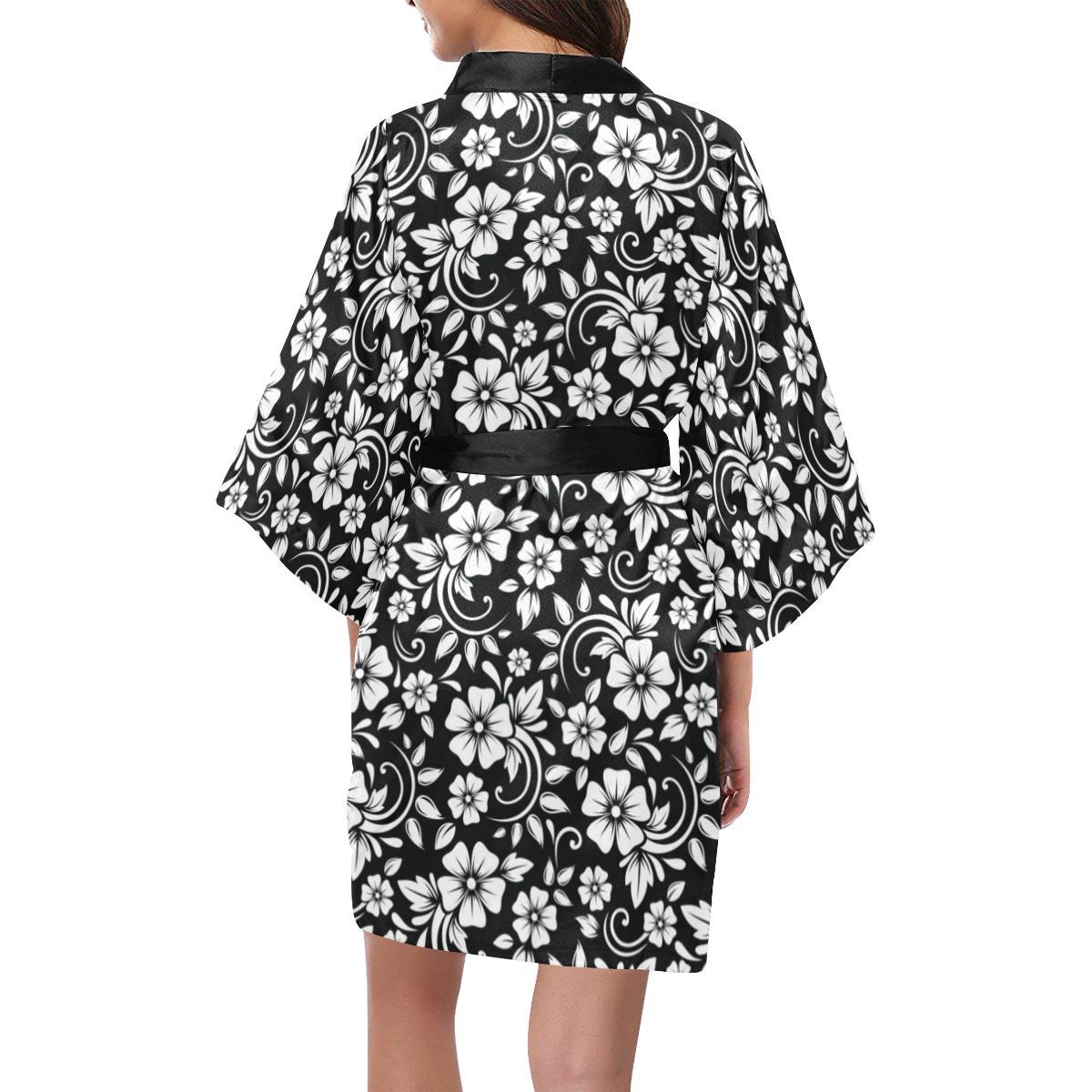 Floral Black White Themed Print Women Short Kimono Robe