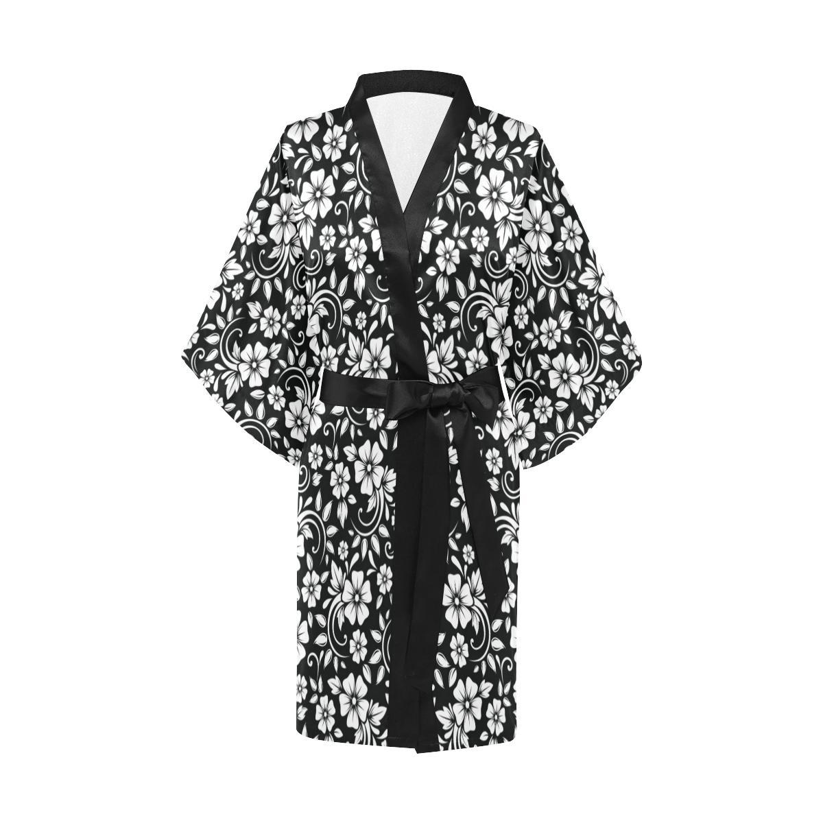 Floral Black White Themed Print Women Short Kimono Robe