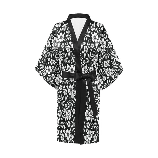 Floral Black White Themed Print Women Short Kimono Robe