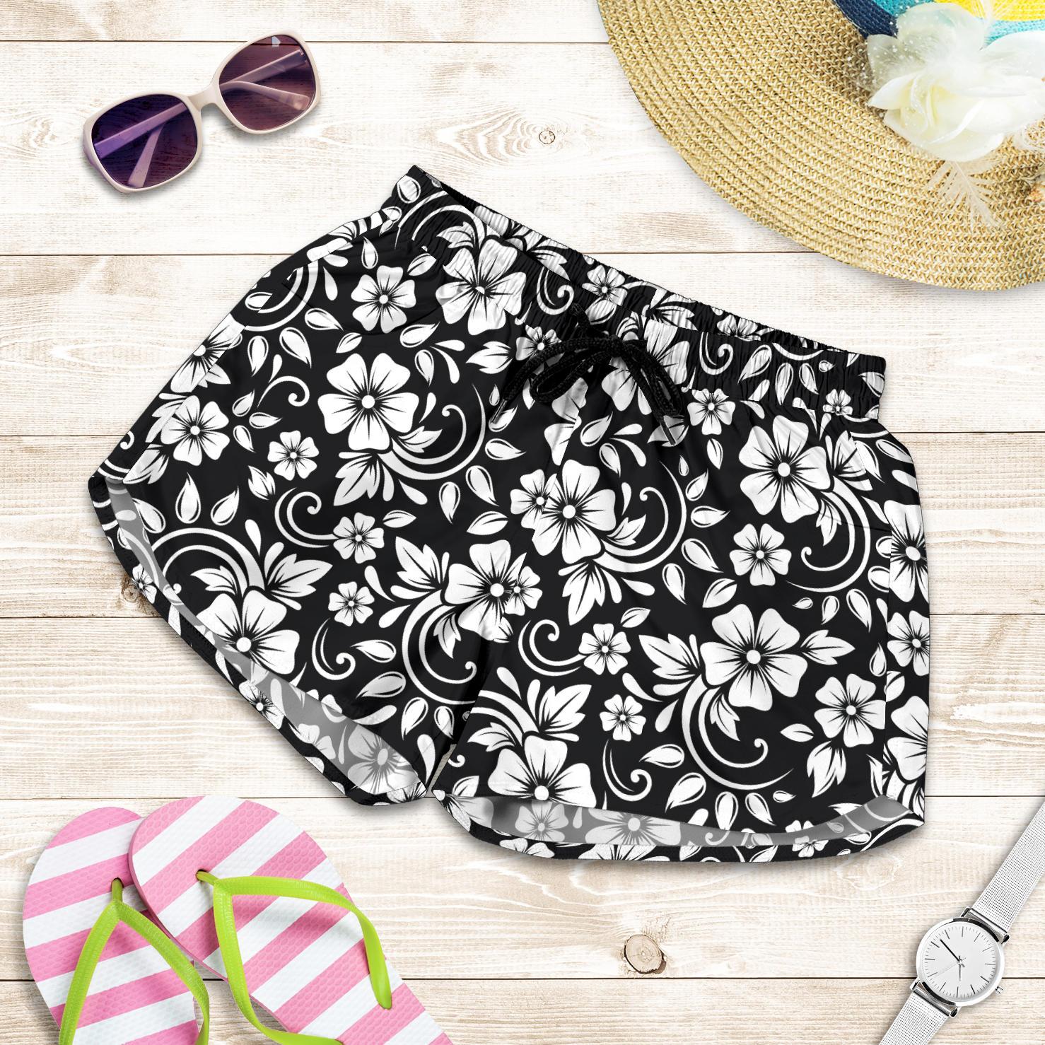 Floral Black White Themed Print Women Shorts-JTAMIGO.COM