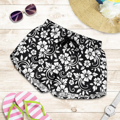 Floral Black White Themed Print Women Shorts-JTAMIGO.COM