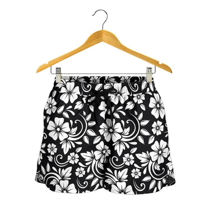Floral Black White Themed Print Women Shorts-JTAMIGO.COM