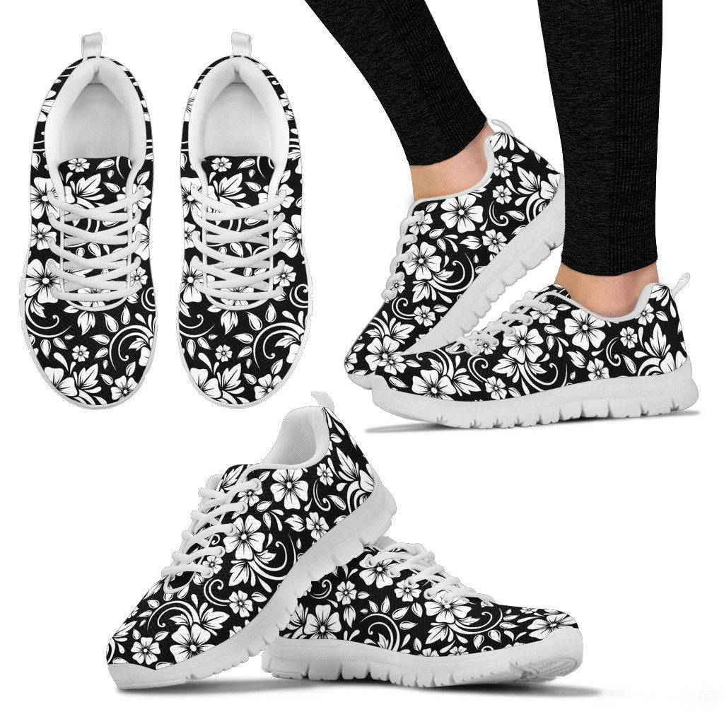 Floral Black White Themed Print Women Sneakers Shoes
