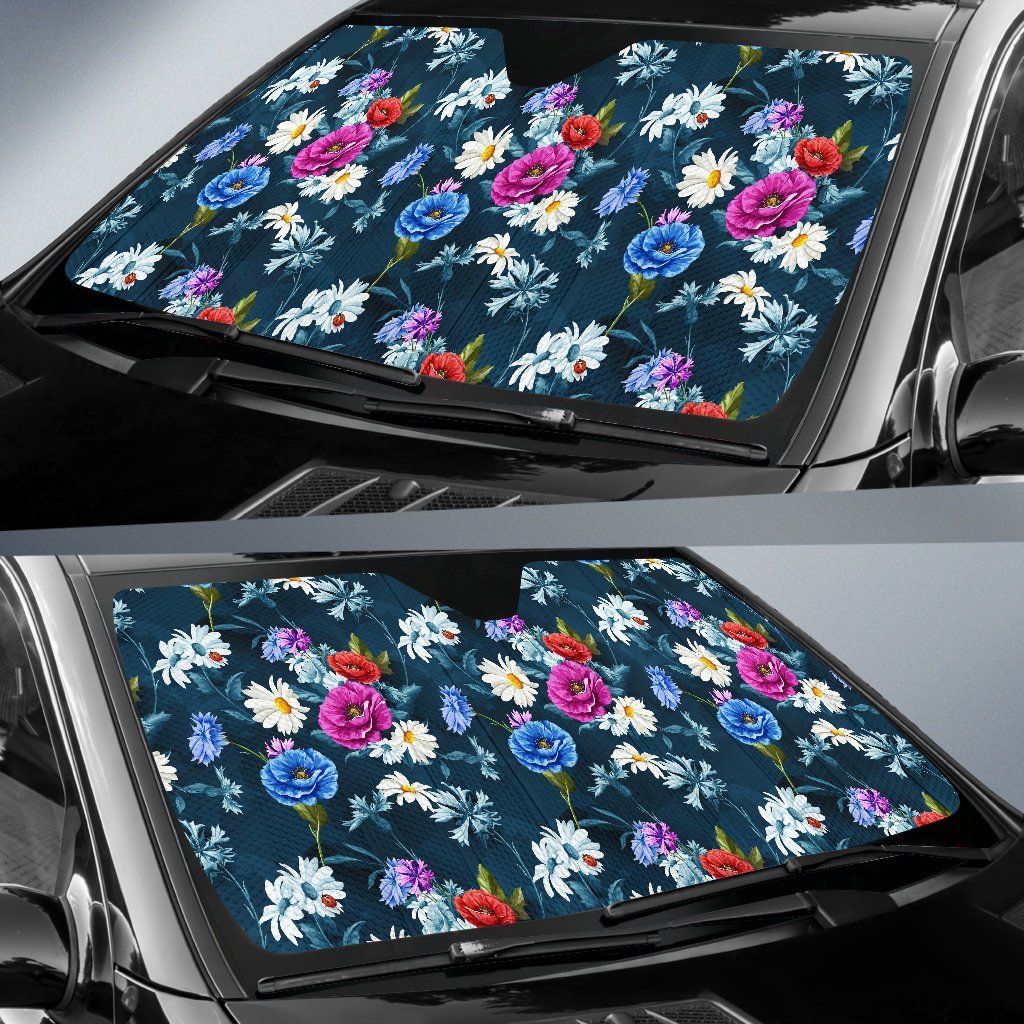 Floral Blue Themed Print Car Sun Shade For Windshield