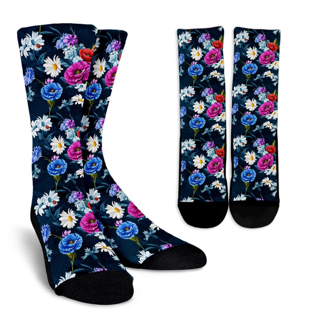 Floral Blue Themed Print Crew Socks