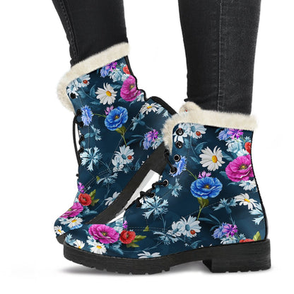 Floral Blue Themed Print Faux Fur Leather Boots-JTAMIGO.COM
