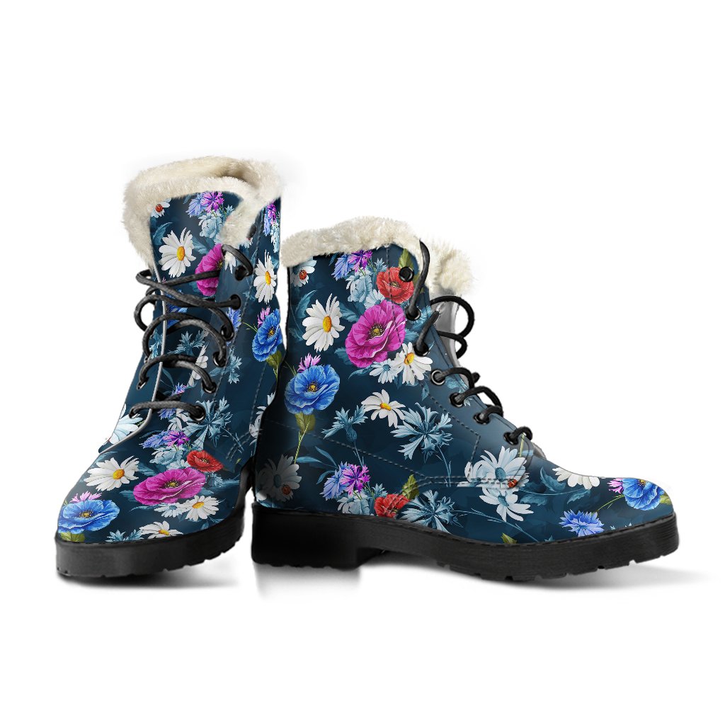 Floral Blue Themed Print Faux Fur Leather Boots-JTAMIGO.COM