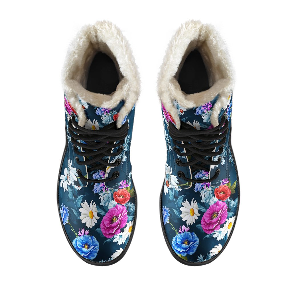 Floral Blue Themed Print Faux Fur Leather Boots-JTAMIGO.COM