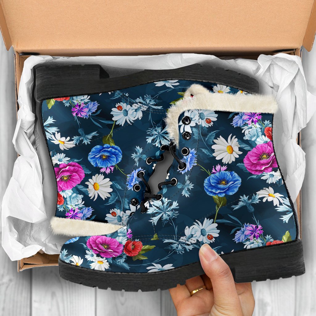 Floral Blue Themed Print Faux Fur Leather Boots-JTAMIGO.COM
