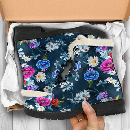 Floral Blue Themed Print Faux Fur Leather Boots-JTAMIGO.COM