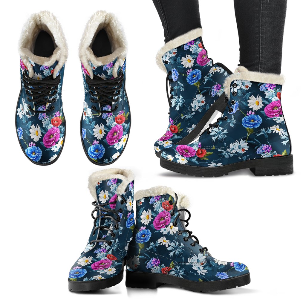 Floral Blue Themed Print Faux Fur Leather Boots-JTAMIGO.COM