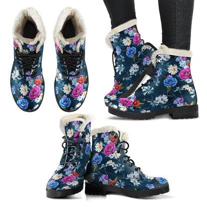 Floral Blue Themed Print Faux Fur Leather Boots-JTAMIGO.COM