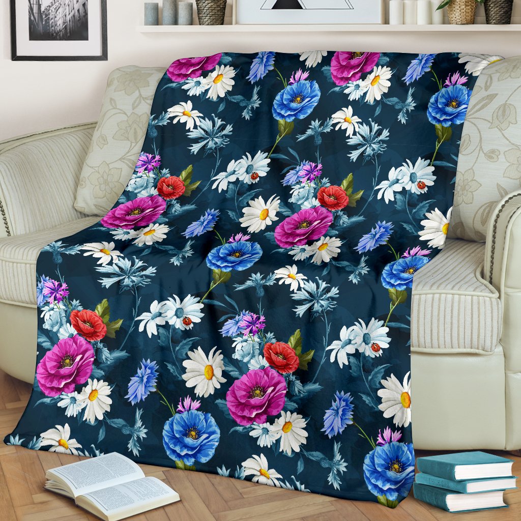 Floral Blue Themed Print Fleece Blanket
