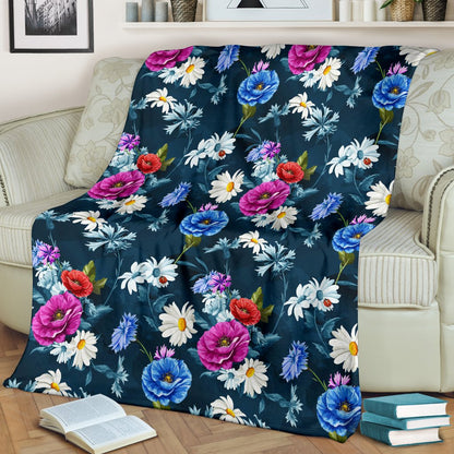 Floral Blue Themed Print Fleece Blanket