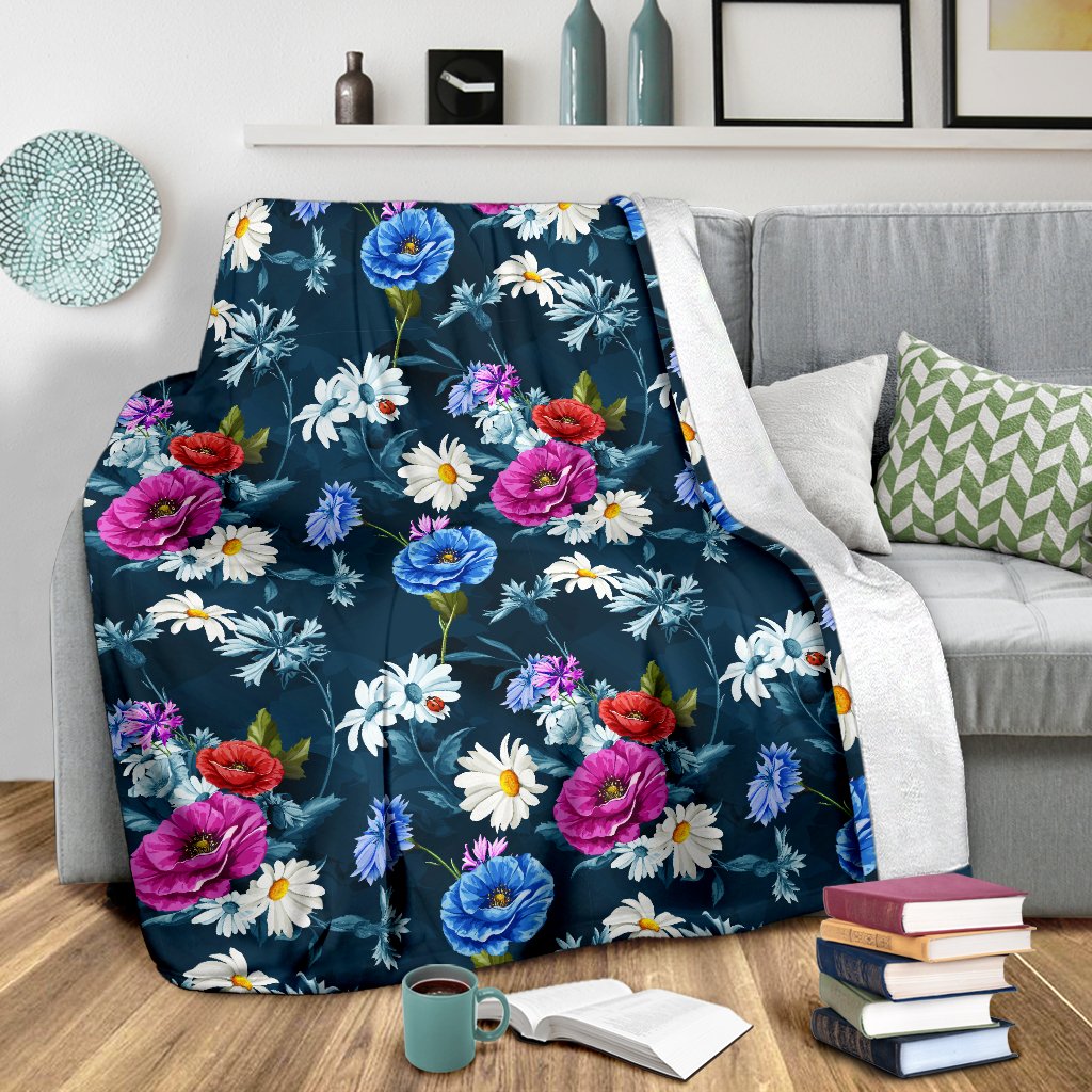 Floral Blue Themed Print Fleece Blanket