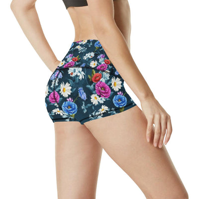 Floral Blue Themed Print High Waisted Spandex Shorts-JTAMIGO.COM