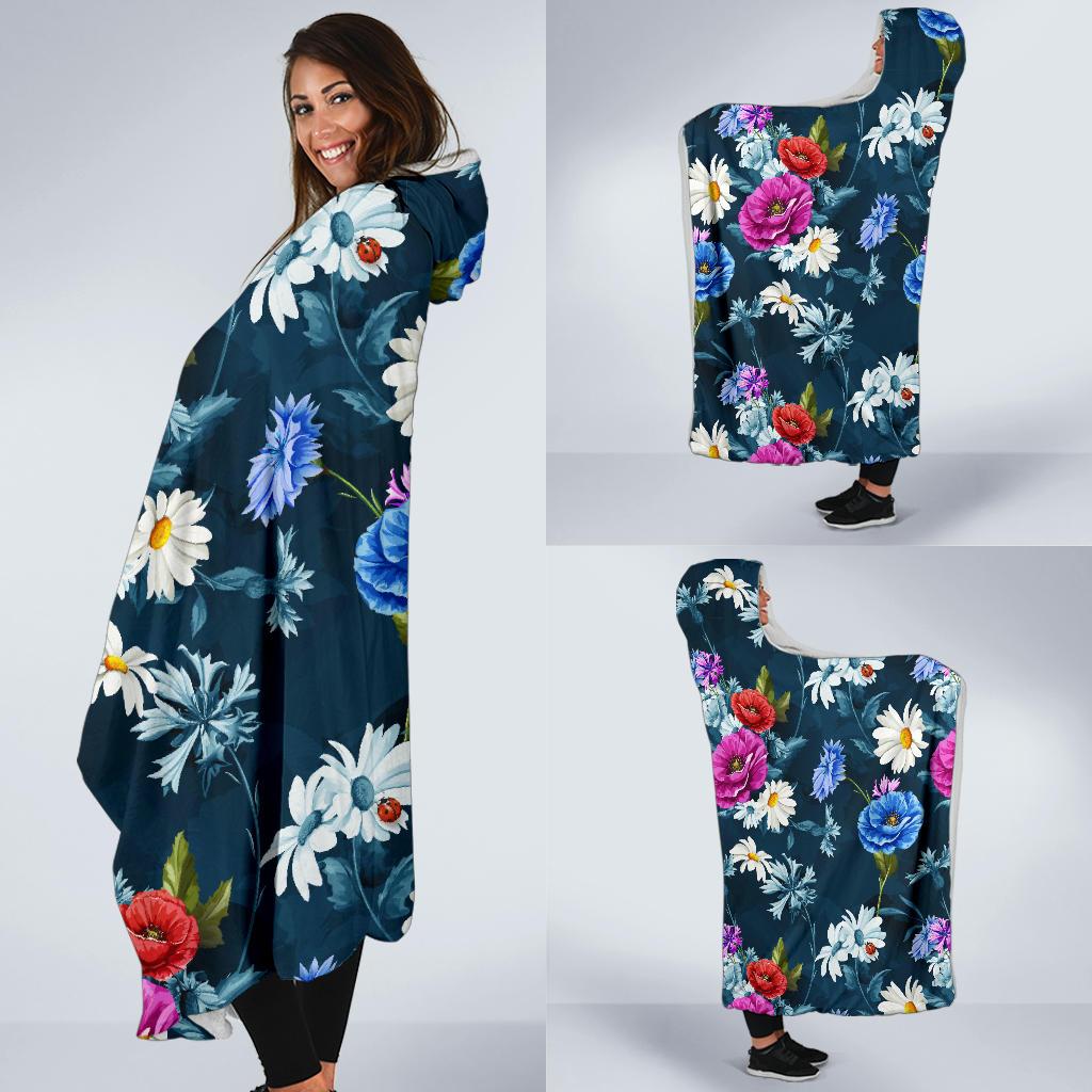 Floral Blue Themed Print Hooded Blanket-JTAMIGO.COM