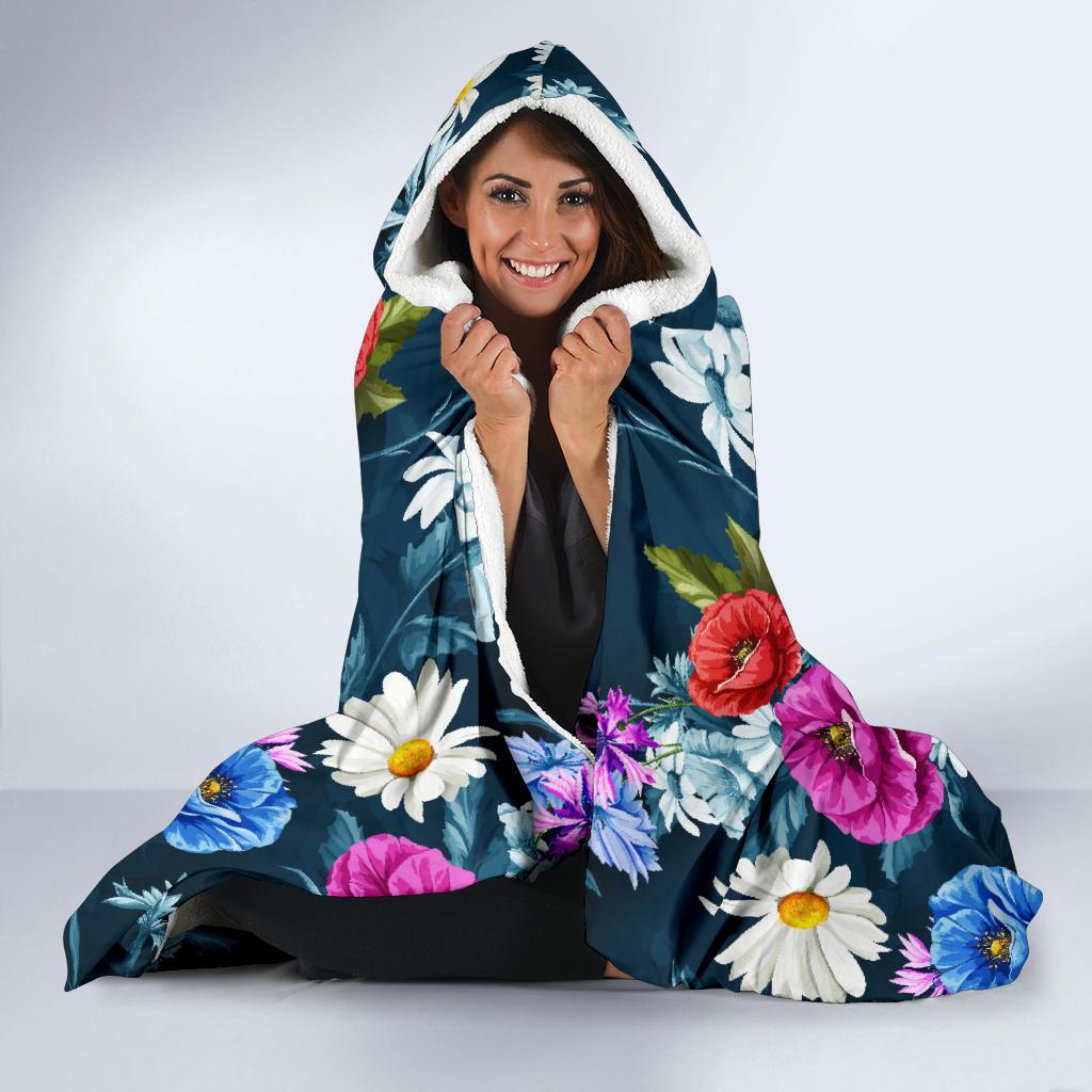 Floral Blue Themed Print Hooded Blanket-JTAMIGO.COM