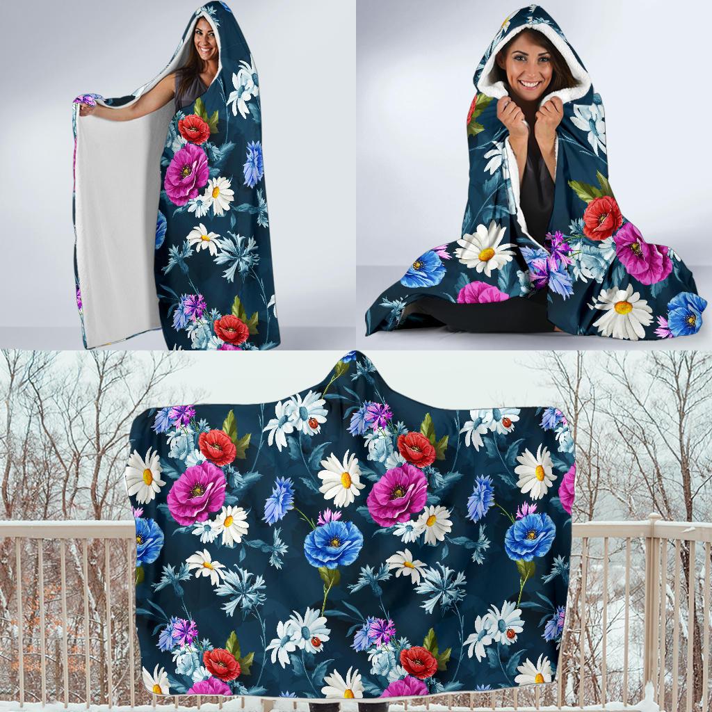 Floral Blue Themed Print Hooded Blanket-JTAMIGO.COM