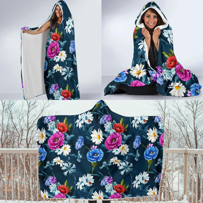 Floral Blue Themed Print Hooded Blanket-JTAMIGO.COM