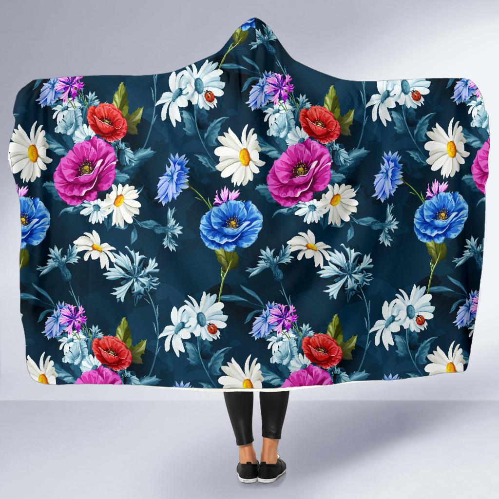 Floral Blue Themed Print Hooded Blanket-JTAMIGO.COM