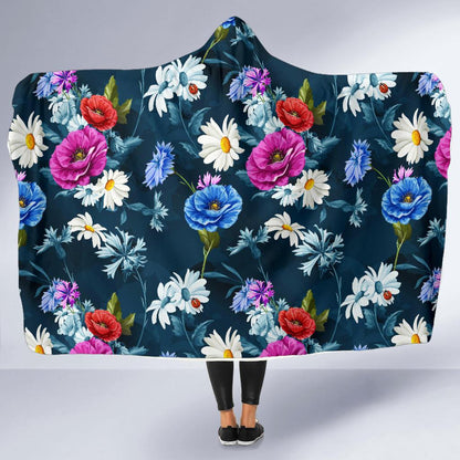 Floral Blue Themed Print Hooded Blanket-JTAMIGO.COM