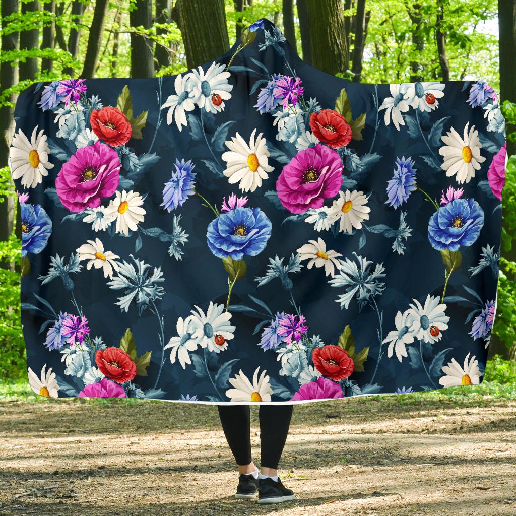 Floral Blue Themed Print Hooded Blanket-JTAMIGO.COM