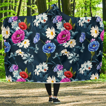 Floral Blue Themed Print Hooded Blanket-JTAMIGO.COM