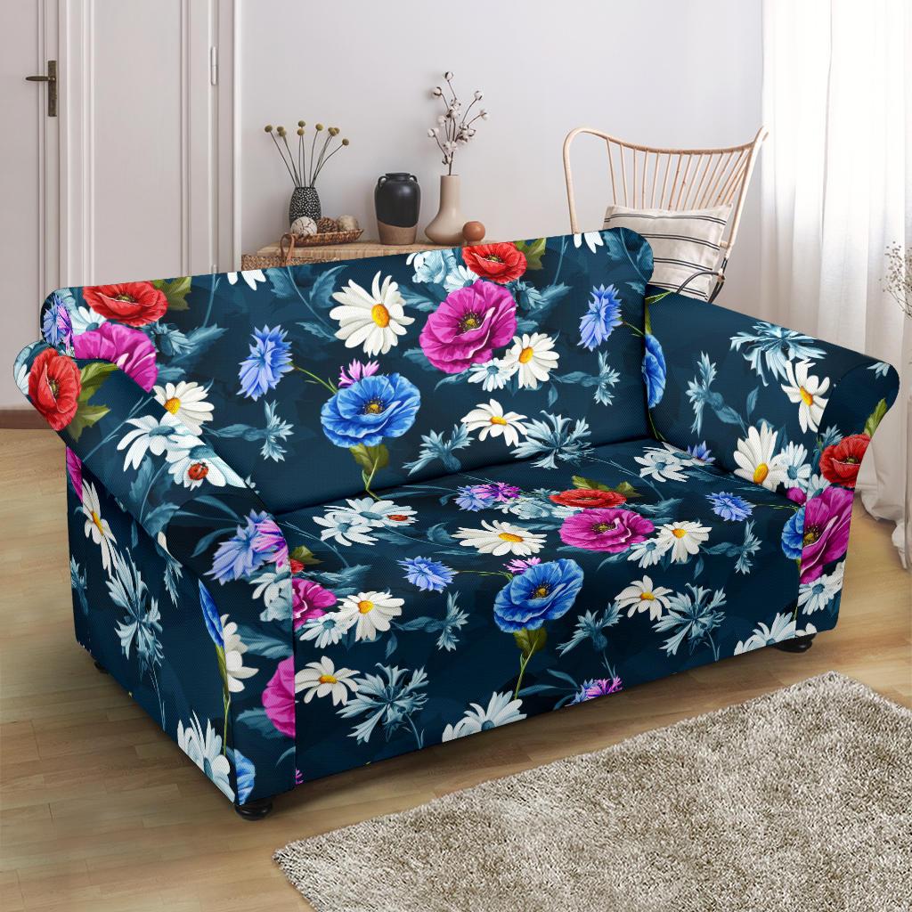 Floral Blue Themed Print Loveseat Slipcover-JTAMIGO.COM