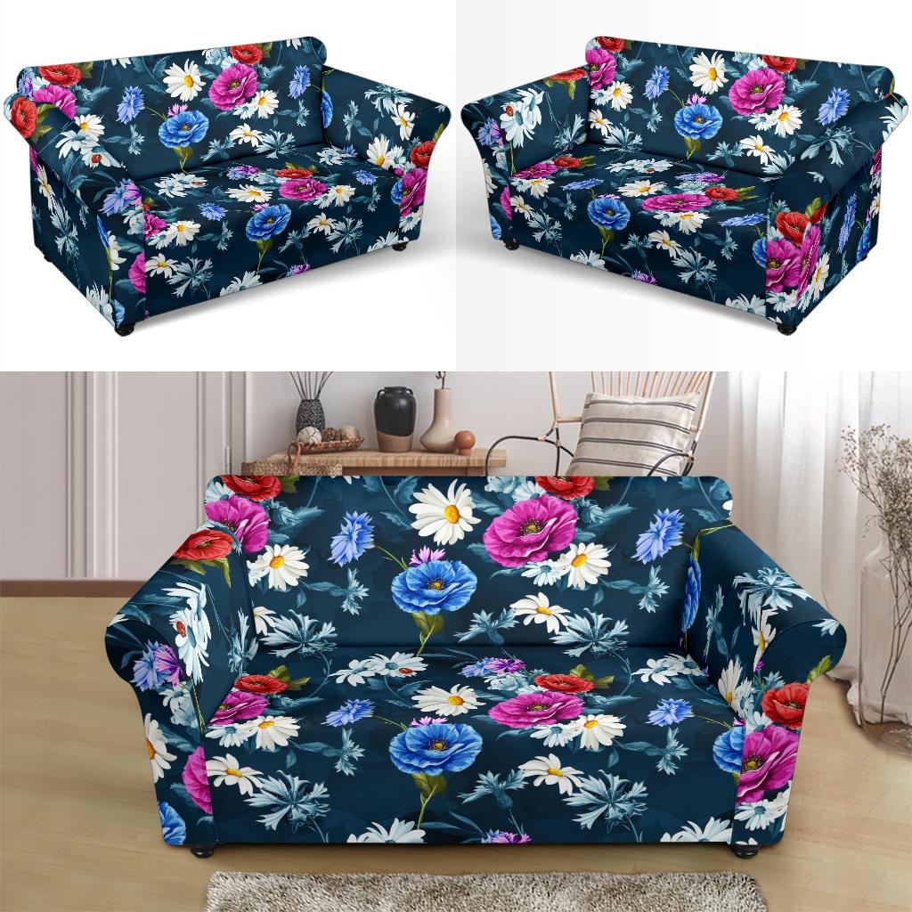 Floral Blue Themed Print Loveseat Slipcover-JTAMIGO.COM
