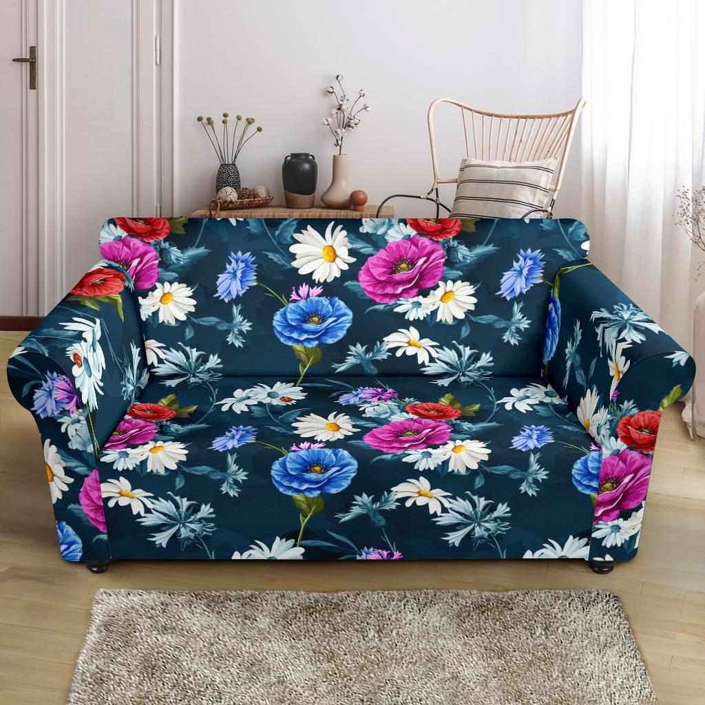 Floral Blue Themed Print Loveseat Slipcover-JTAMIGO.COM