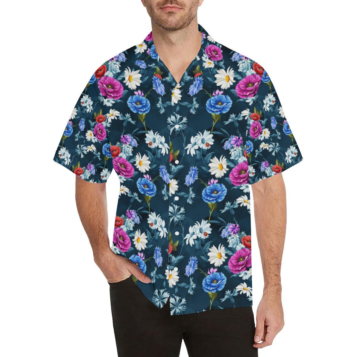 Floral Blue Themed Print Men Aloha Hawaiian Shirt
