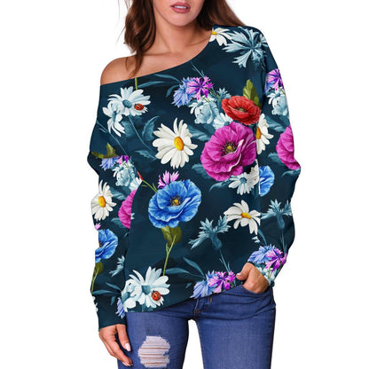 Floral Blue Themed Print Off Shoulder Sweatshirt