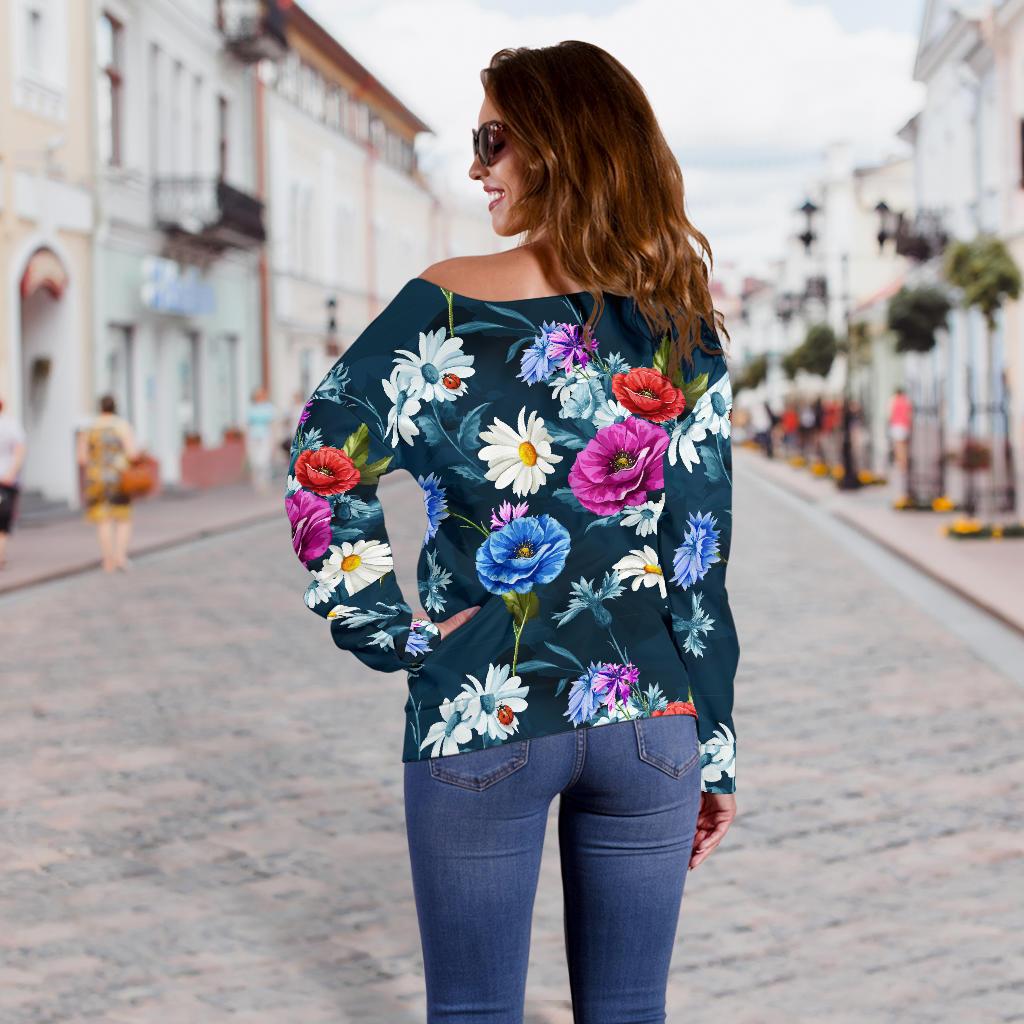 Floral Blue Themed Print Off Shoulder Sweatshirt