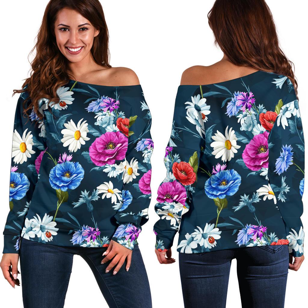 Floral Blue Themed Print Off Shoulder Sweatshirt