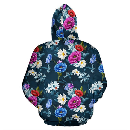 Floral Blue Themed Print Pullover Hoodie