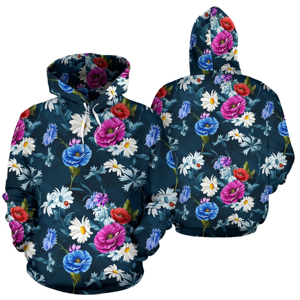 Floral Blue Themed Print Pullover Hoodie