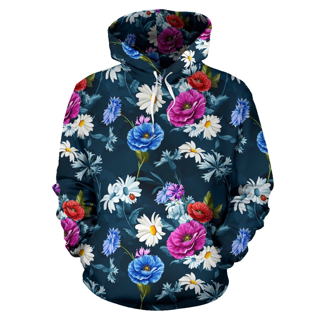 Floral Blue Themed Print Pullover Hoodie