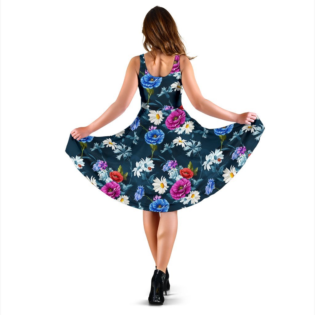 Floral Blue Themed Print Sleeveless Dress