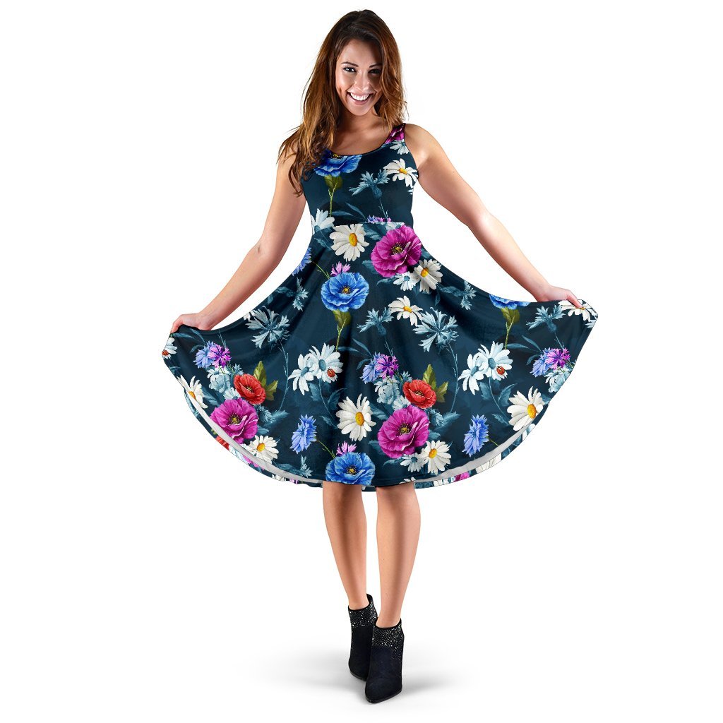 Floral Blue Themed Print Sleeveless Dress