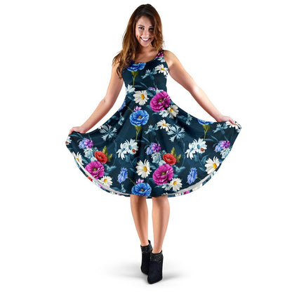 Floral Blue Themed Print Sleeveless Dress