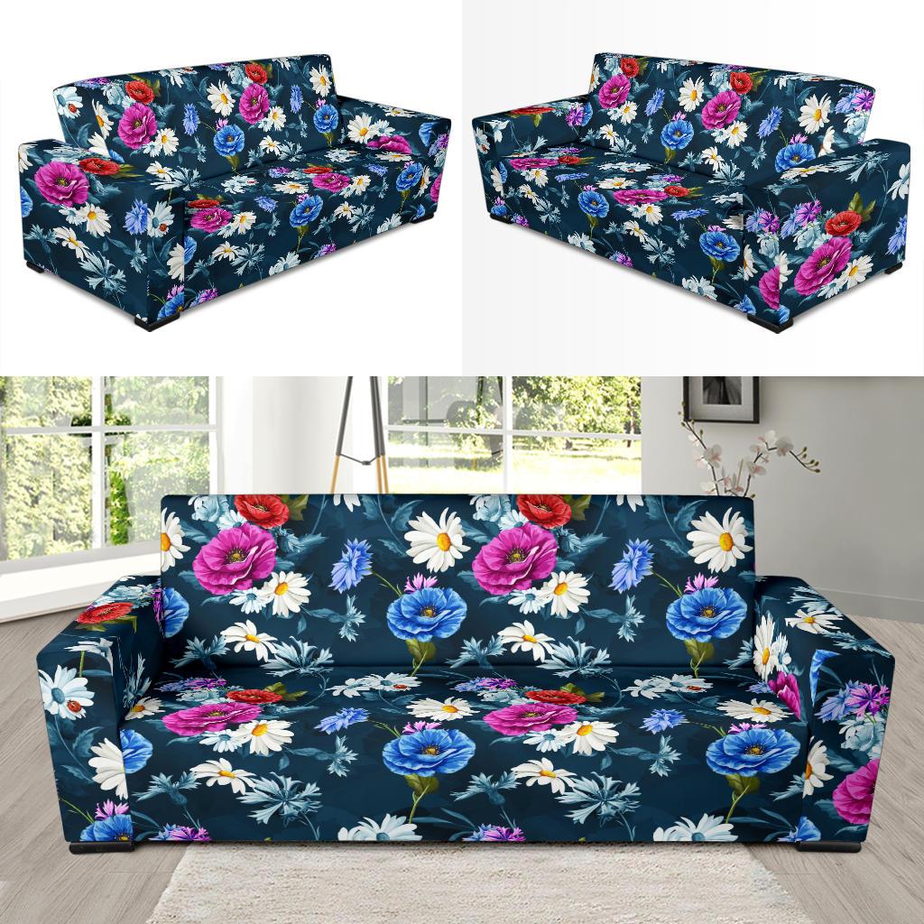 Floral Blue Themed Print Sofa Slipcover-JTAMIGO.COM