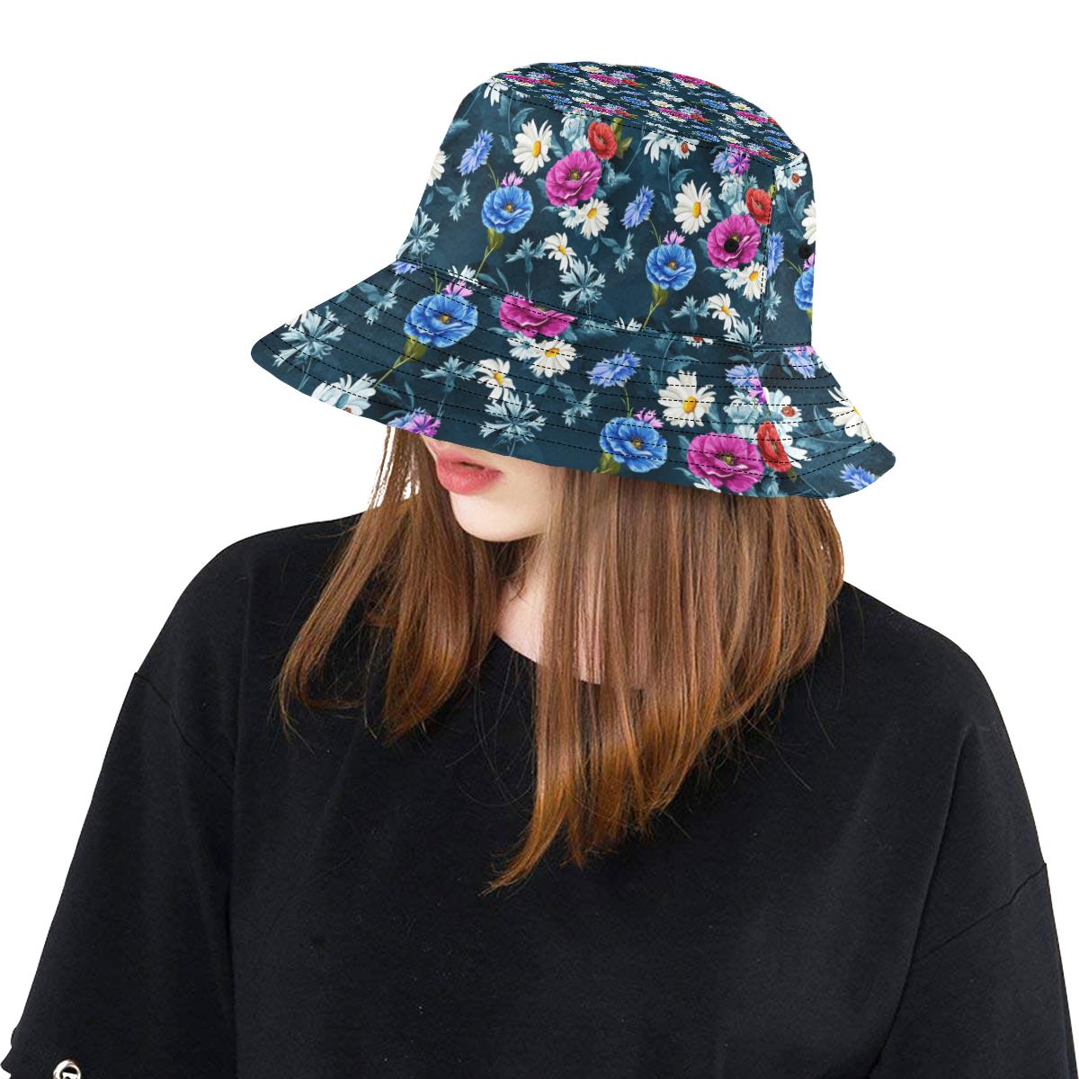 Floral Blue Themed Print Unisex Bucket Hat