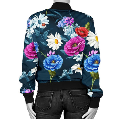 Floral Blue Themed Print Women Casual Bomber Jacket