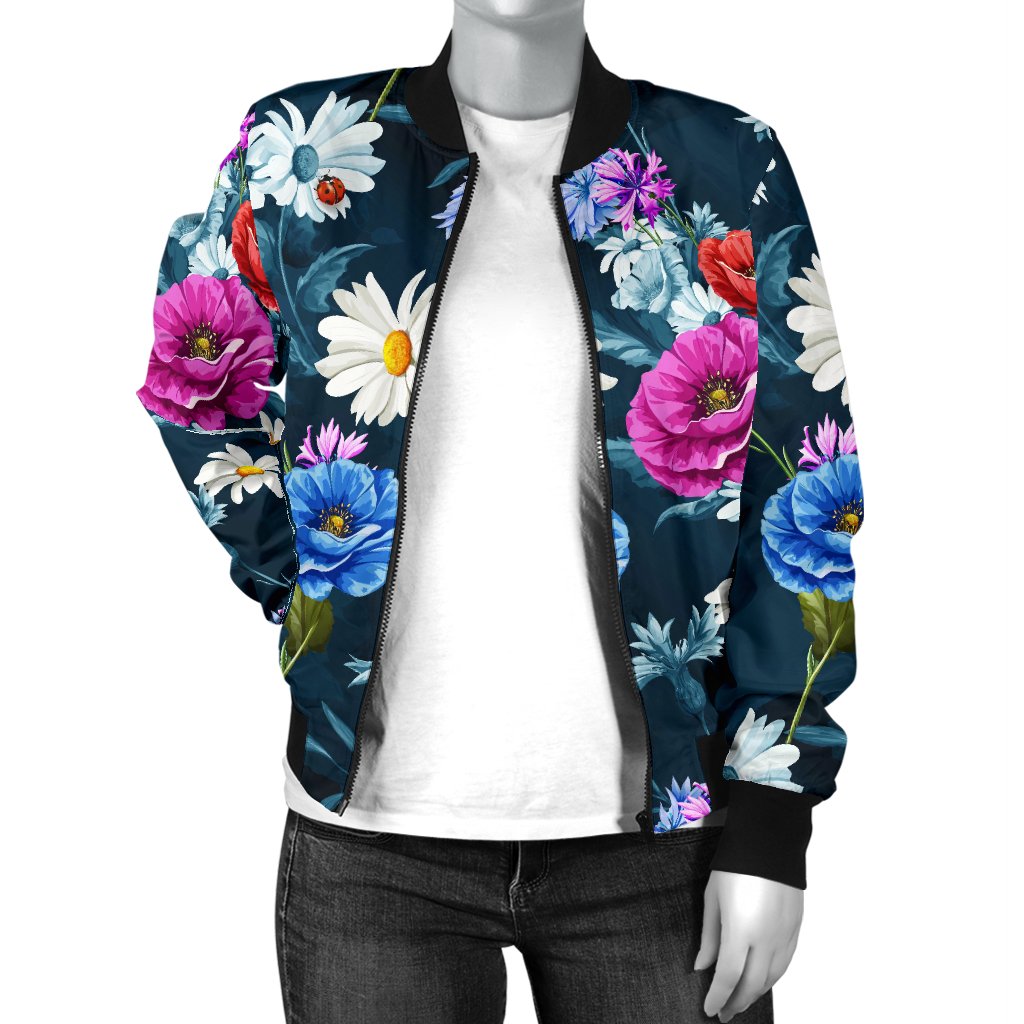 Floral Blue Themed Print Women Casual Bomber Jacket