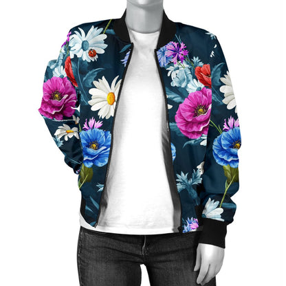 Floral Blue Themed Print Women Casual Bomber Jacket